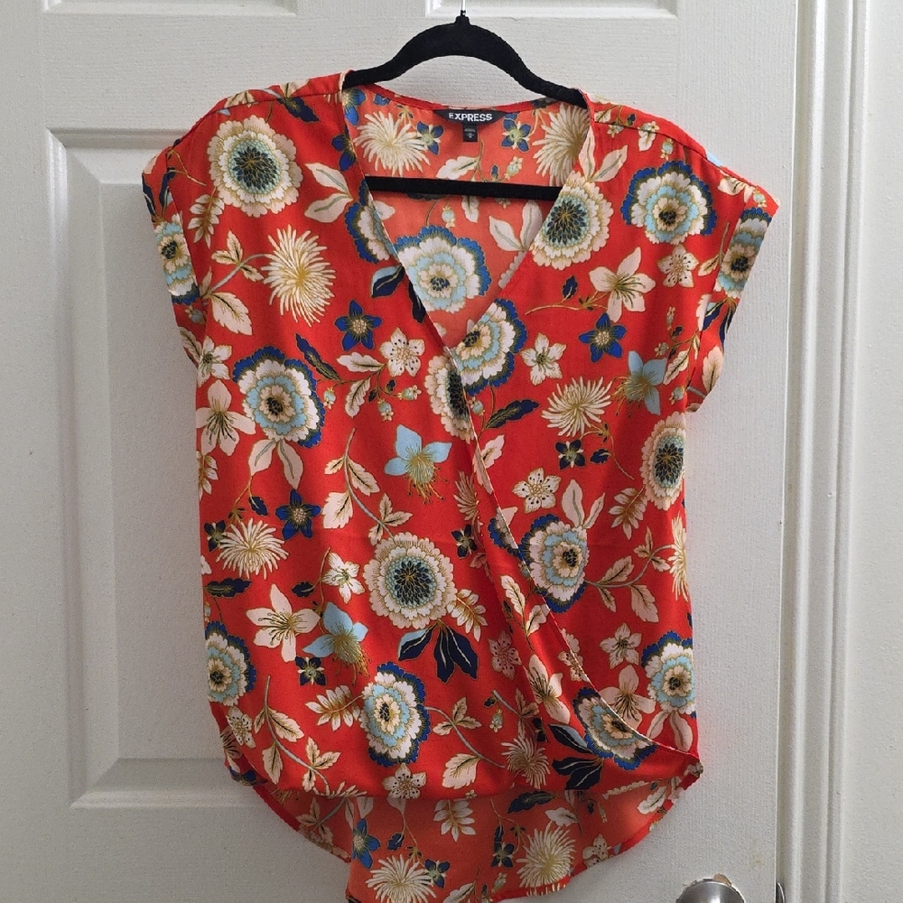 Express Red Floral Wrap Blouse